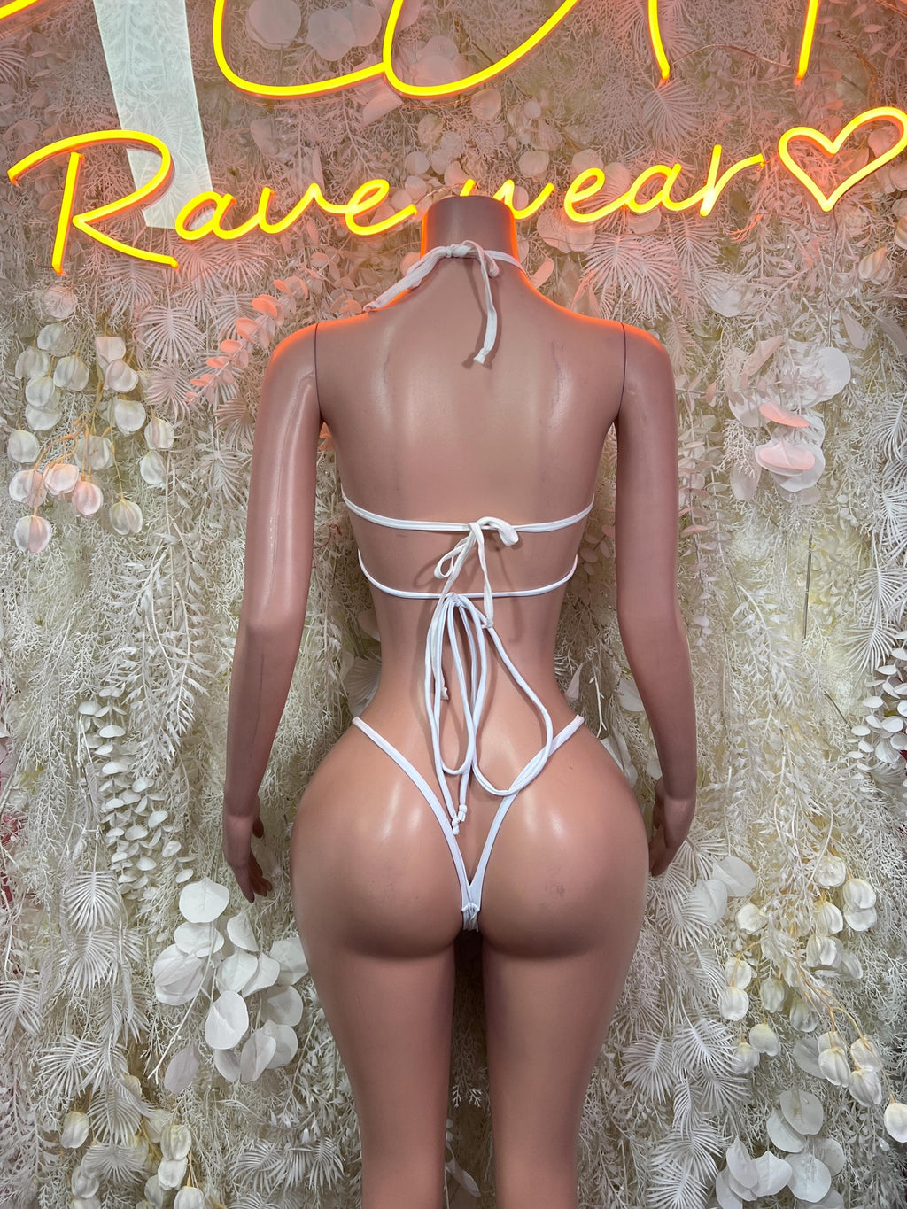 White feather-fringe bikini set, back view with tie-string straps and thong bottom