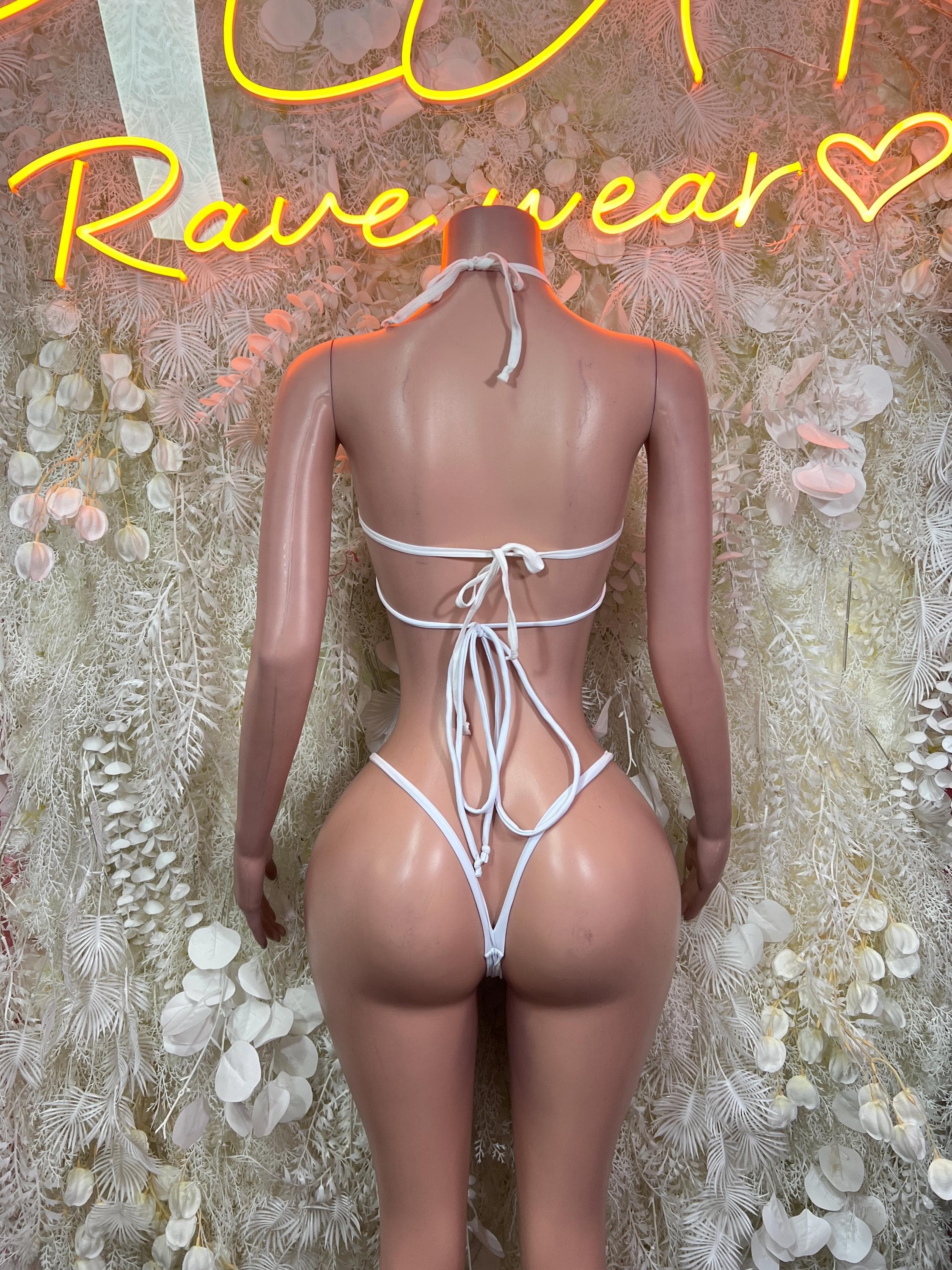 White feather-fringe bikini set, back view with tie-string straps and thong bottom