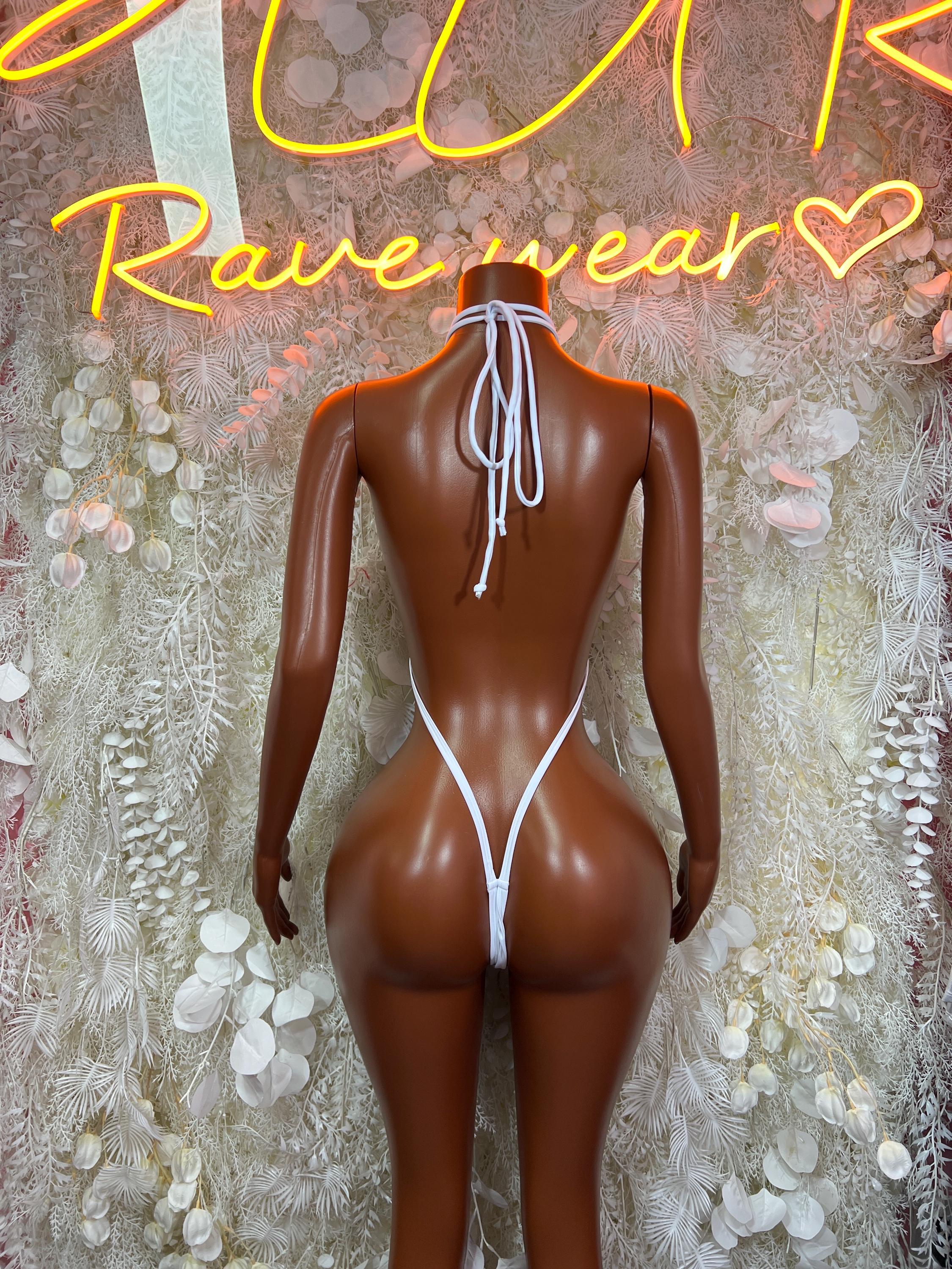 White feather fringe bodysuit, strappy back with ties and thong bottom