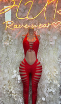 Red cutoff bodysuit with halter tie front and striped cutout hips