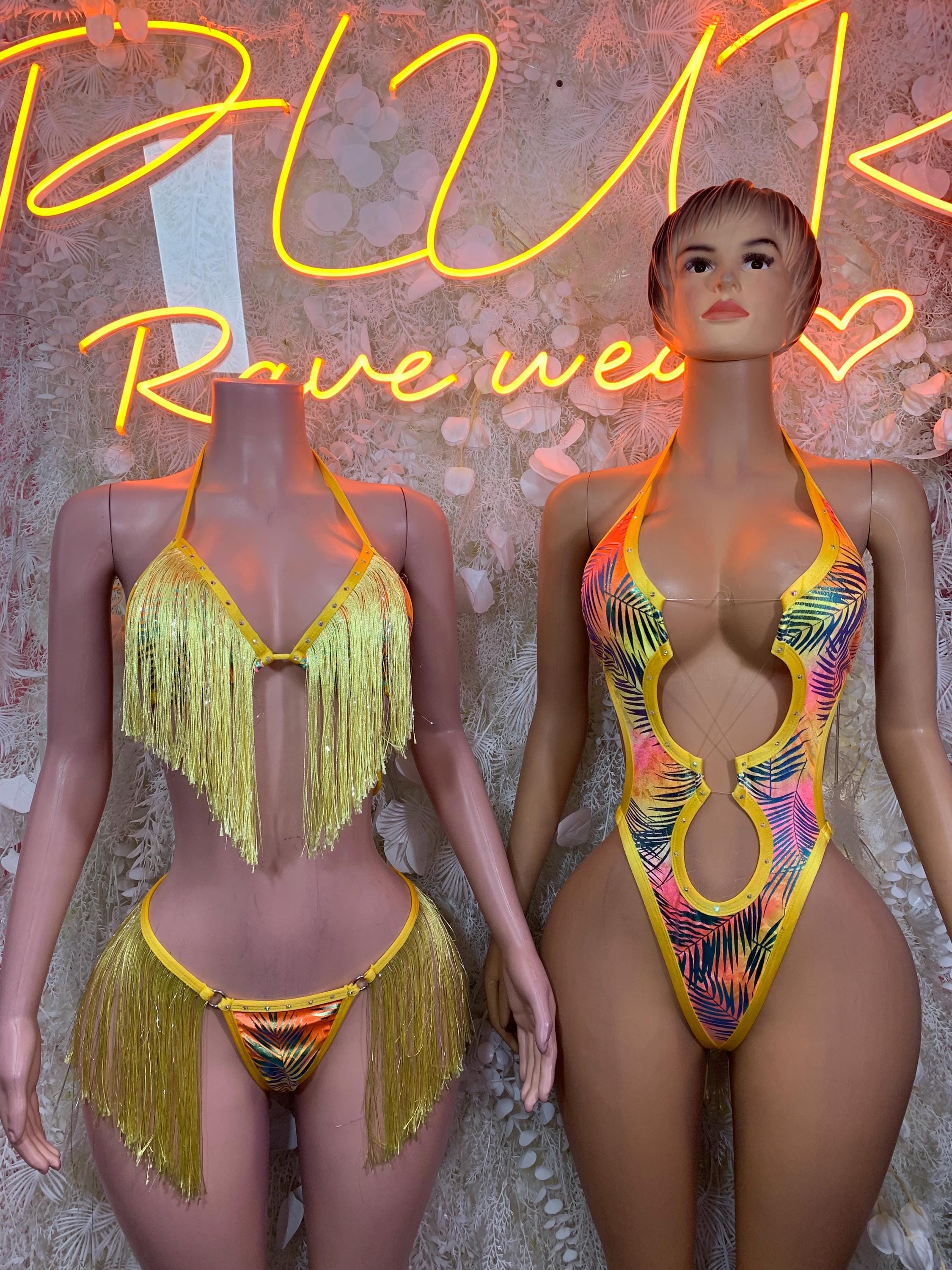 Tropical print one-piece bodysuit with halter neckline and long yellow fringe set