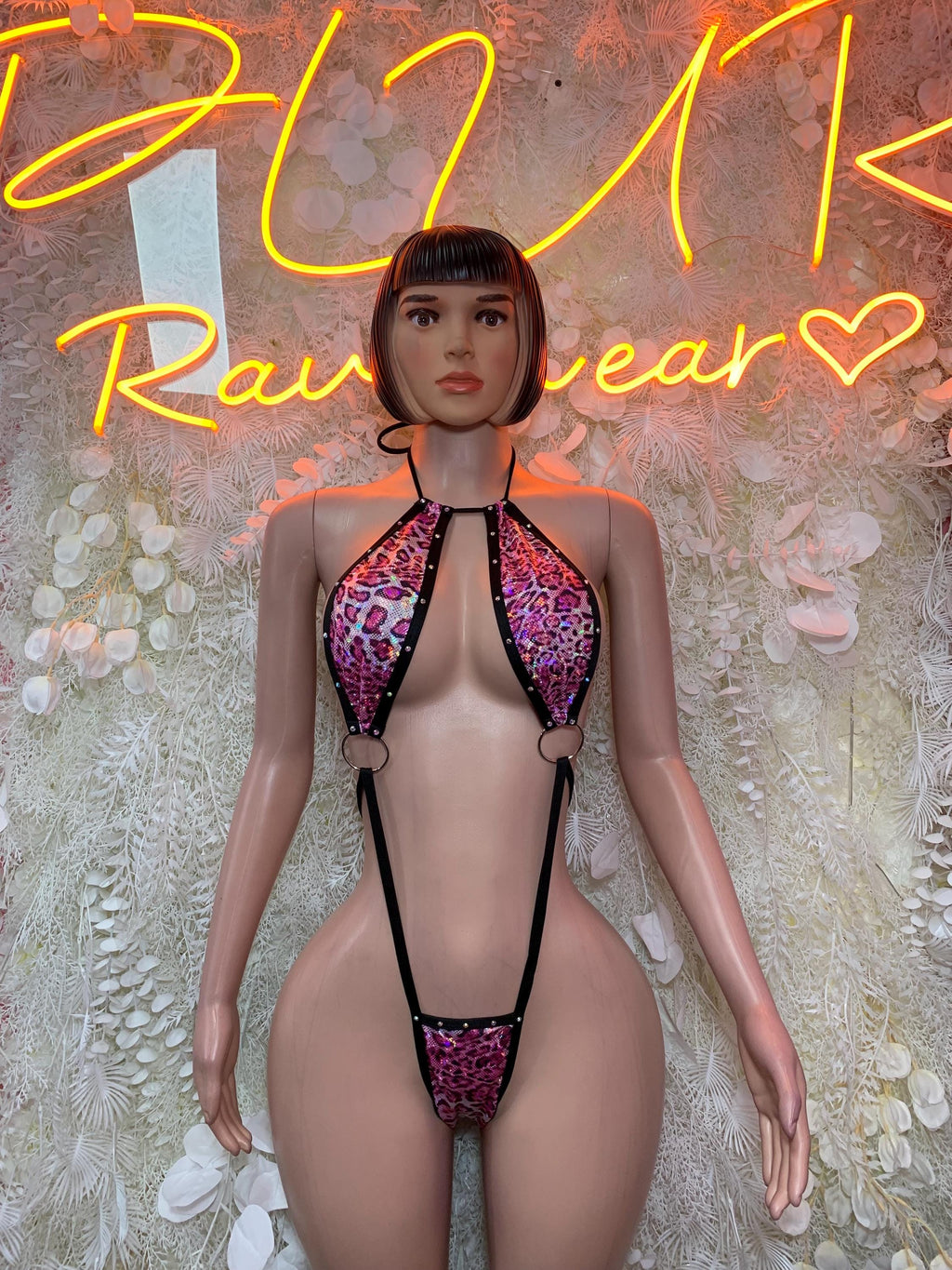 Pink/purple leopard sequin halter bodysuit with O-ring straps and thong
