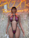 Pink/purple leopard sequin halter bodysuit with O-ring straps and thong