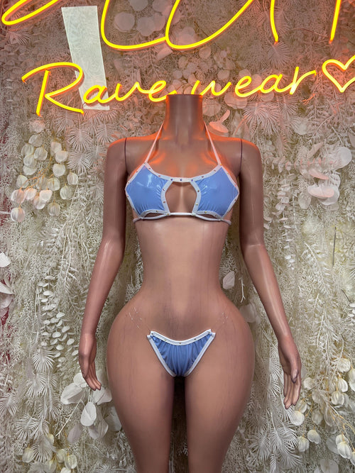 Light blue two-piece bikini with cutout triangle bra and lace-up bottom