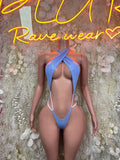 Light blue halter bodysuit with crisscross tie straps and low-back cut
