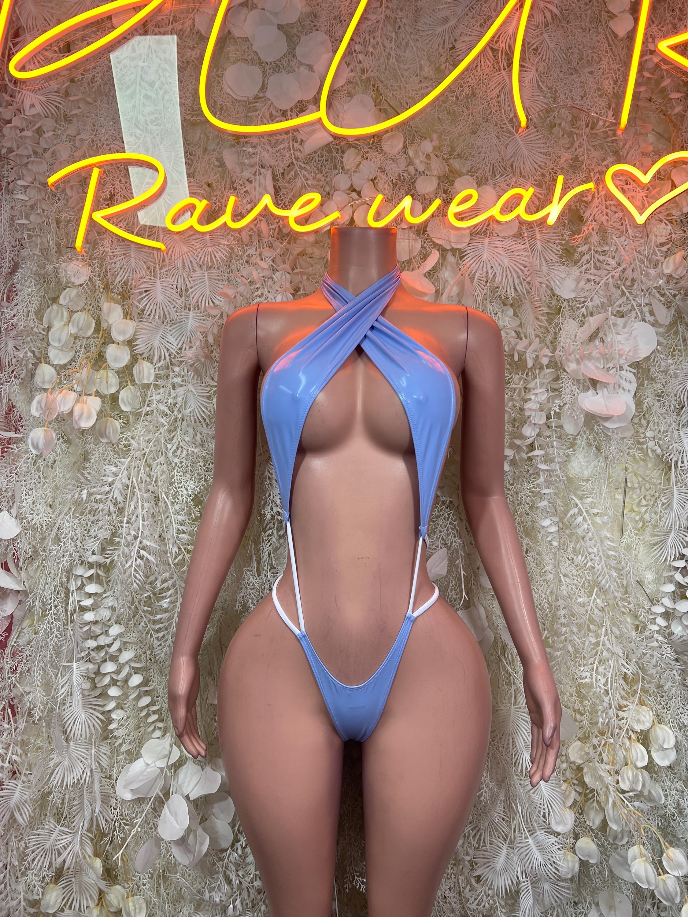 Light blue halter bodysuit with crisscross tie straps and low-back cut