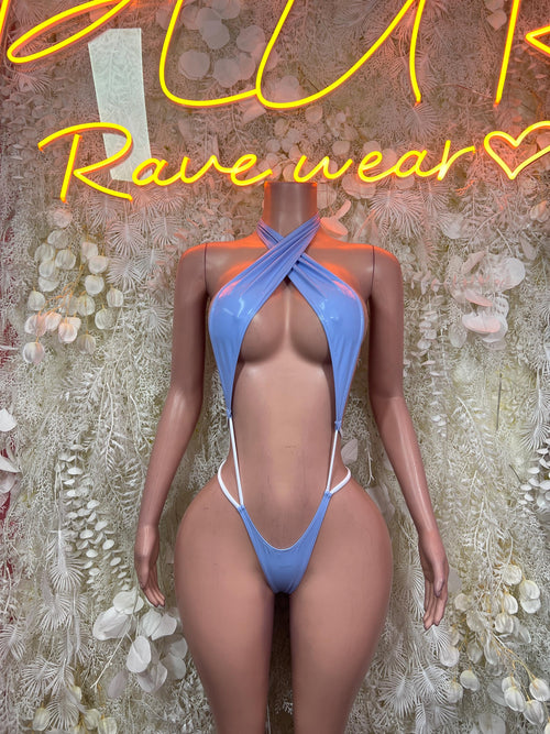 Light blue halter bodysuit with crisscross tie straps and low-back cut