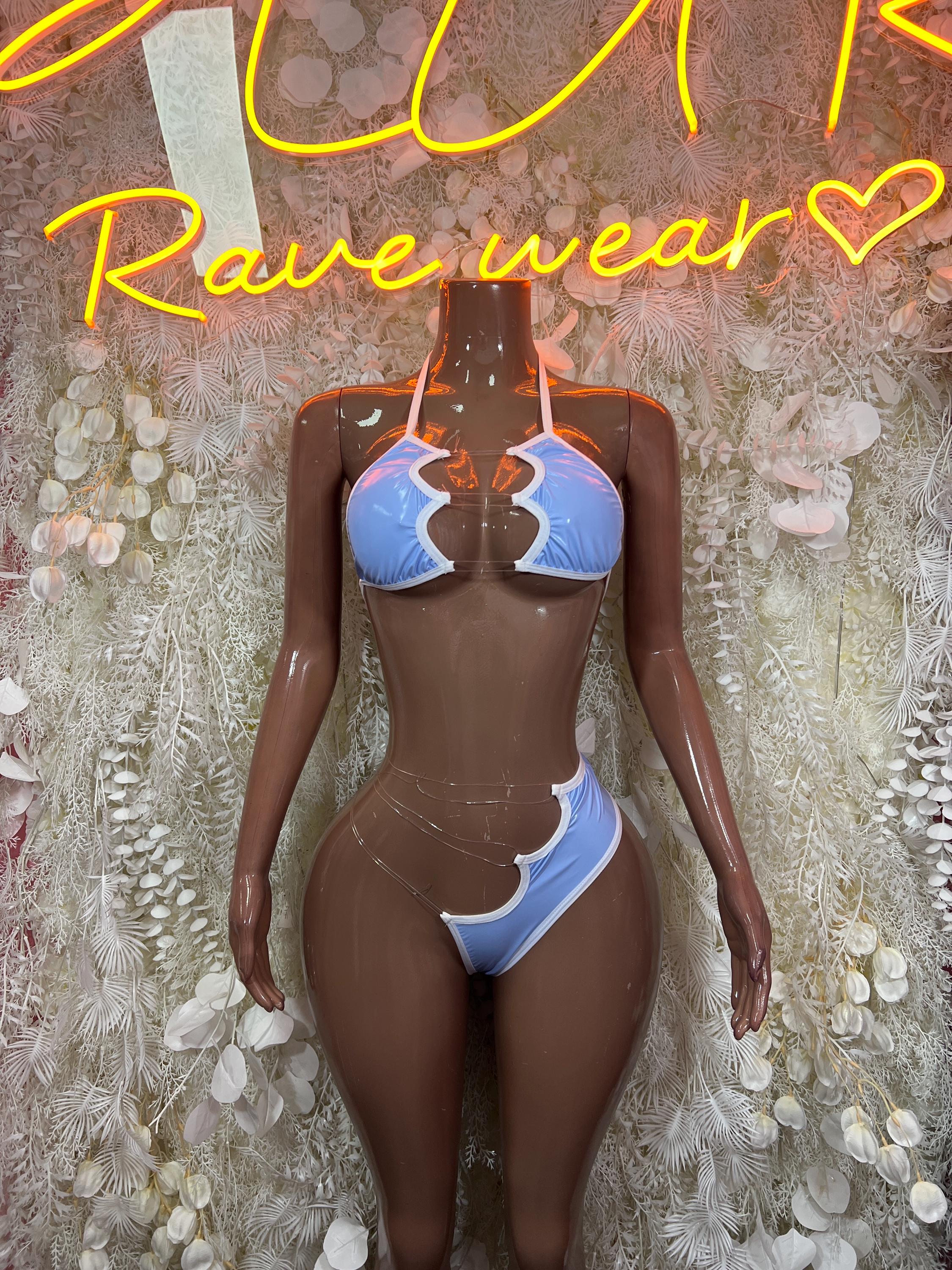 Light blue latex bikini set with halter triangle top and matching high-cut bottoms