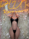 Matte black latex slingshot bodysuit, triangle cups and high-cut thong front