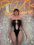 Matte black latex bodysuit with strapless fringe bust detail, front view