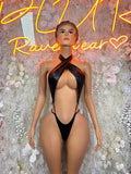 Matte black latex bodysuit with halter neck and high-cut one-piece, open back