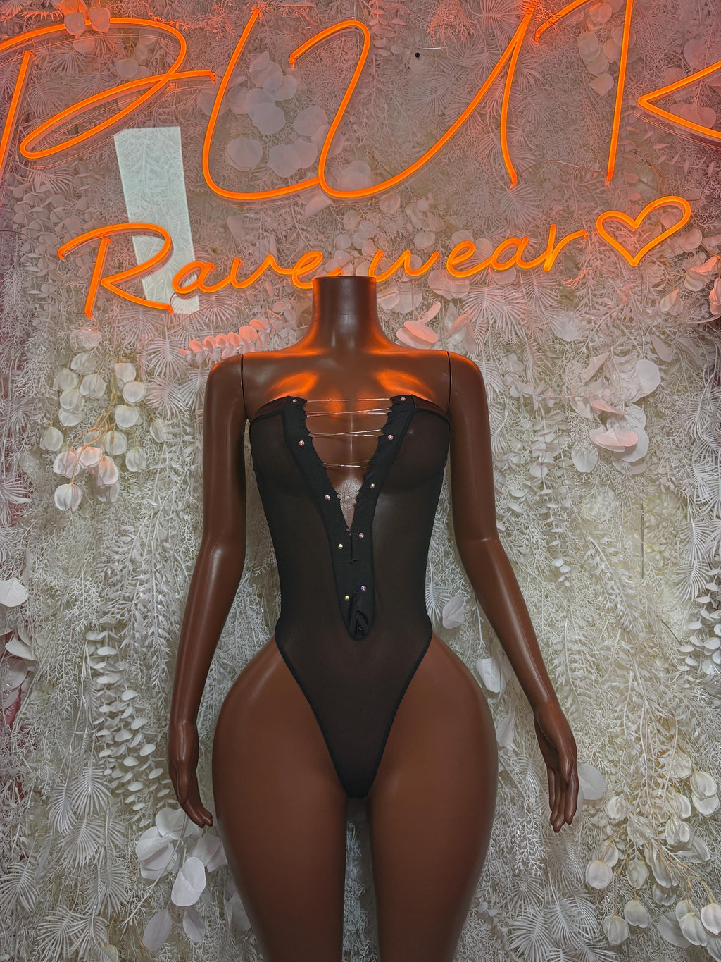 Black mesh bodysuit with deep V lace-up front, short sleeves