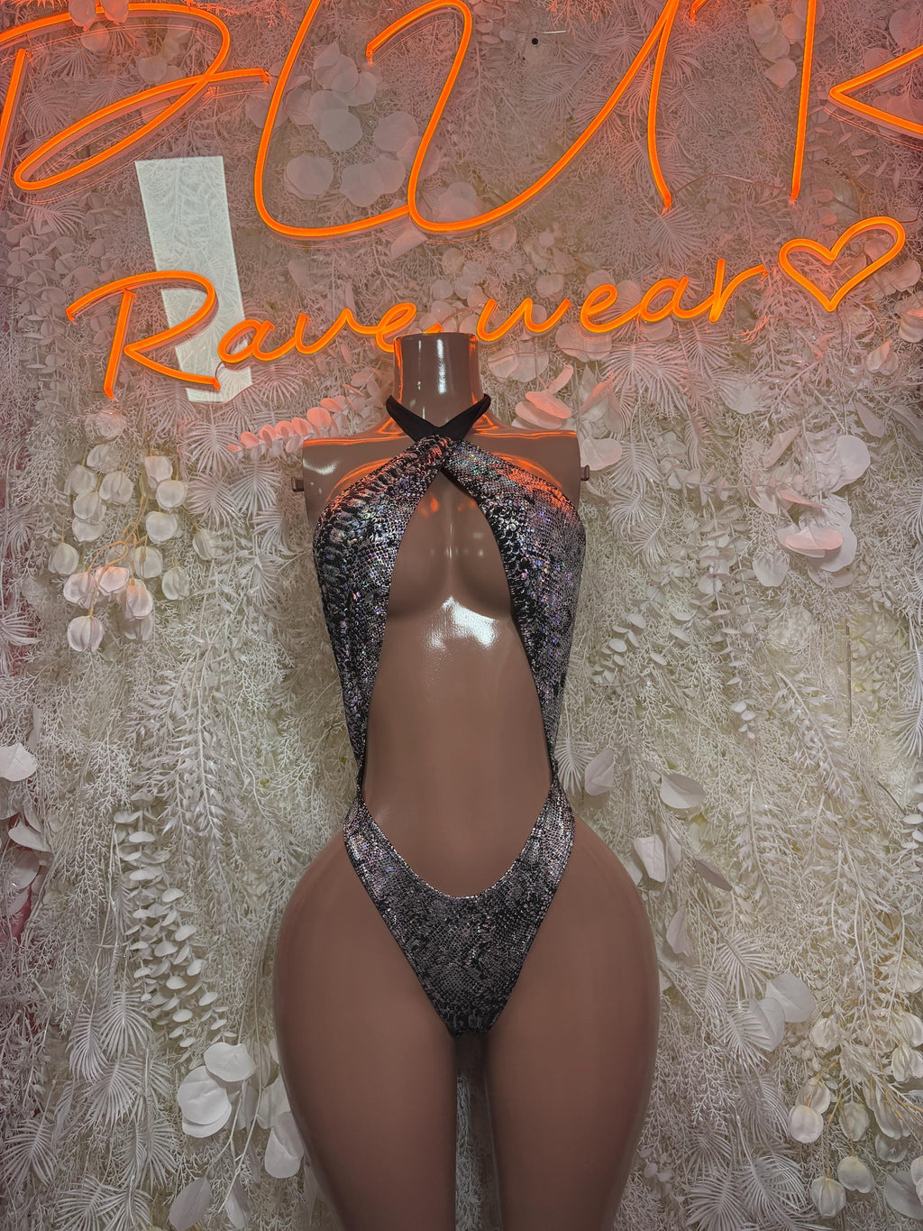 Metallic snake-print halter bodysuit with high-cut thong back and cutout front, dark silver