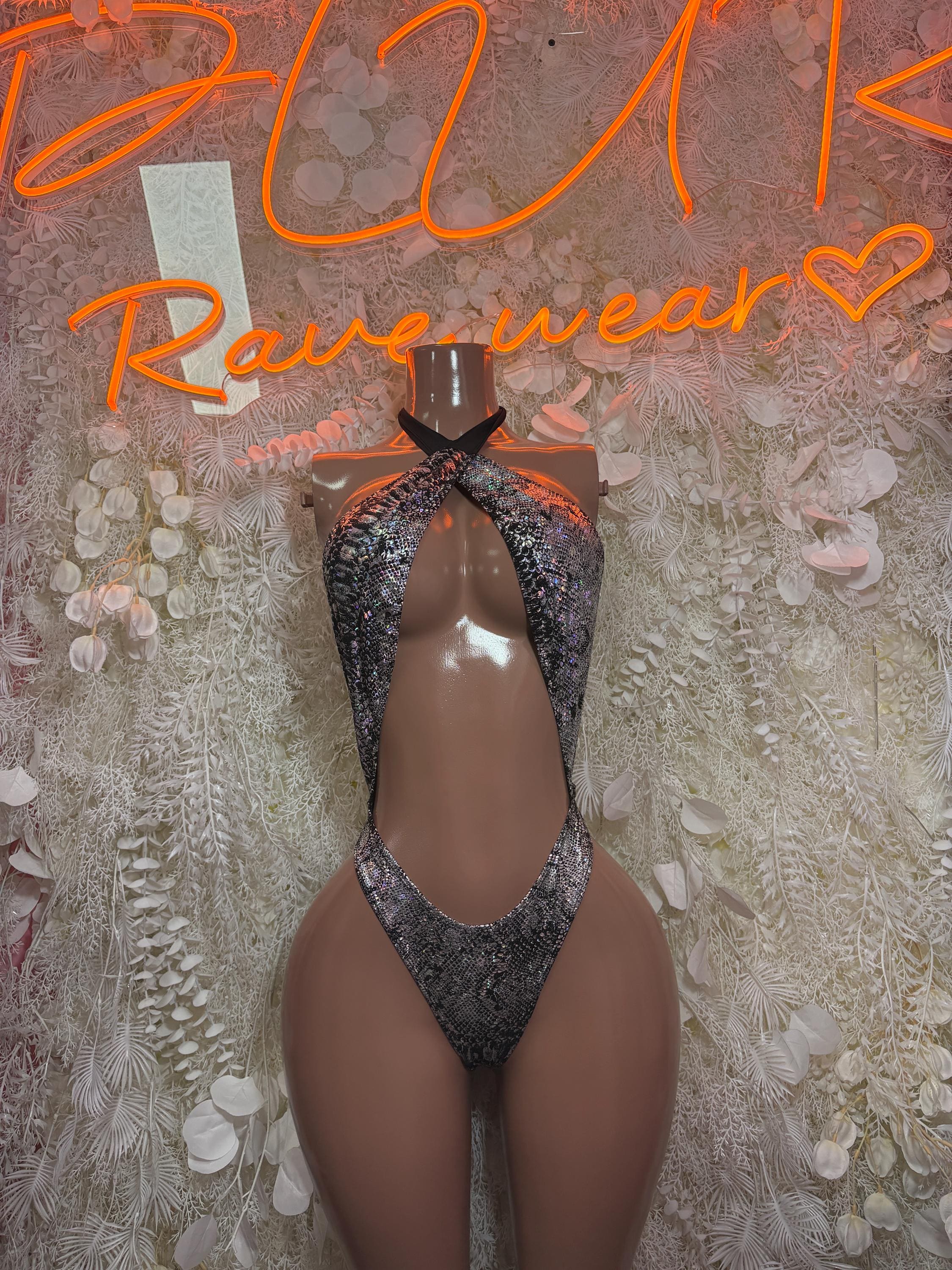 Metallic snake-print halter bodysuit with high-cut thong back and cutout front, dark silver