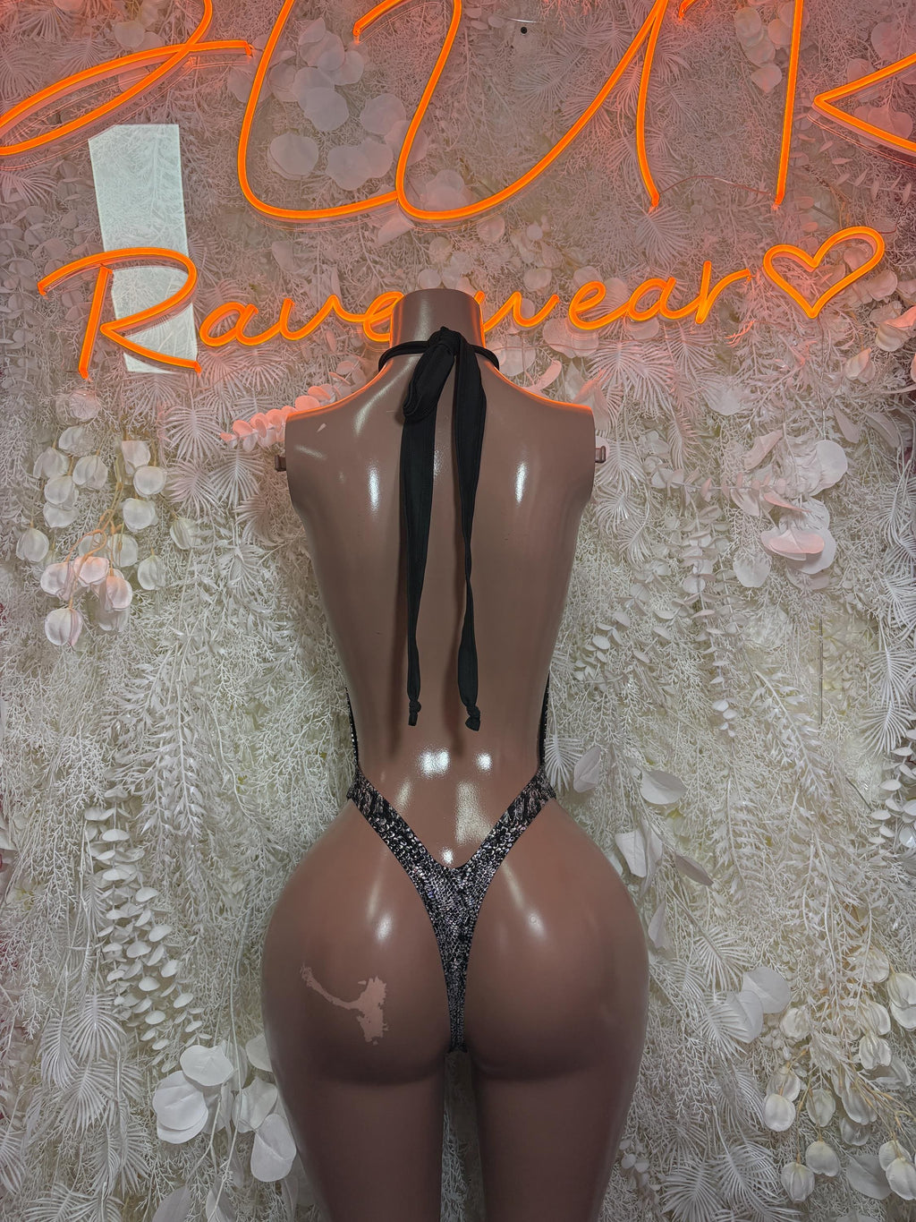 Metallic snake-print halter bodysuit with open back, high-cut thong, dark silver sparkle