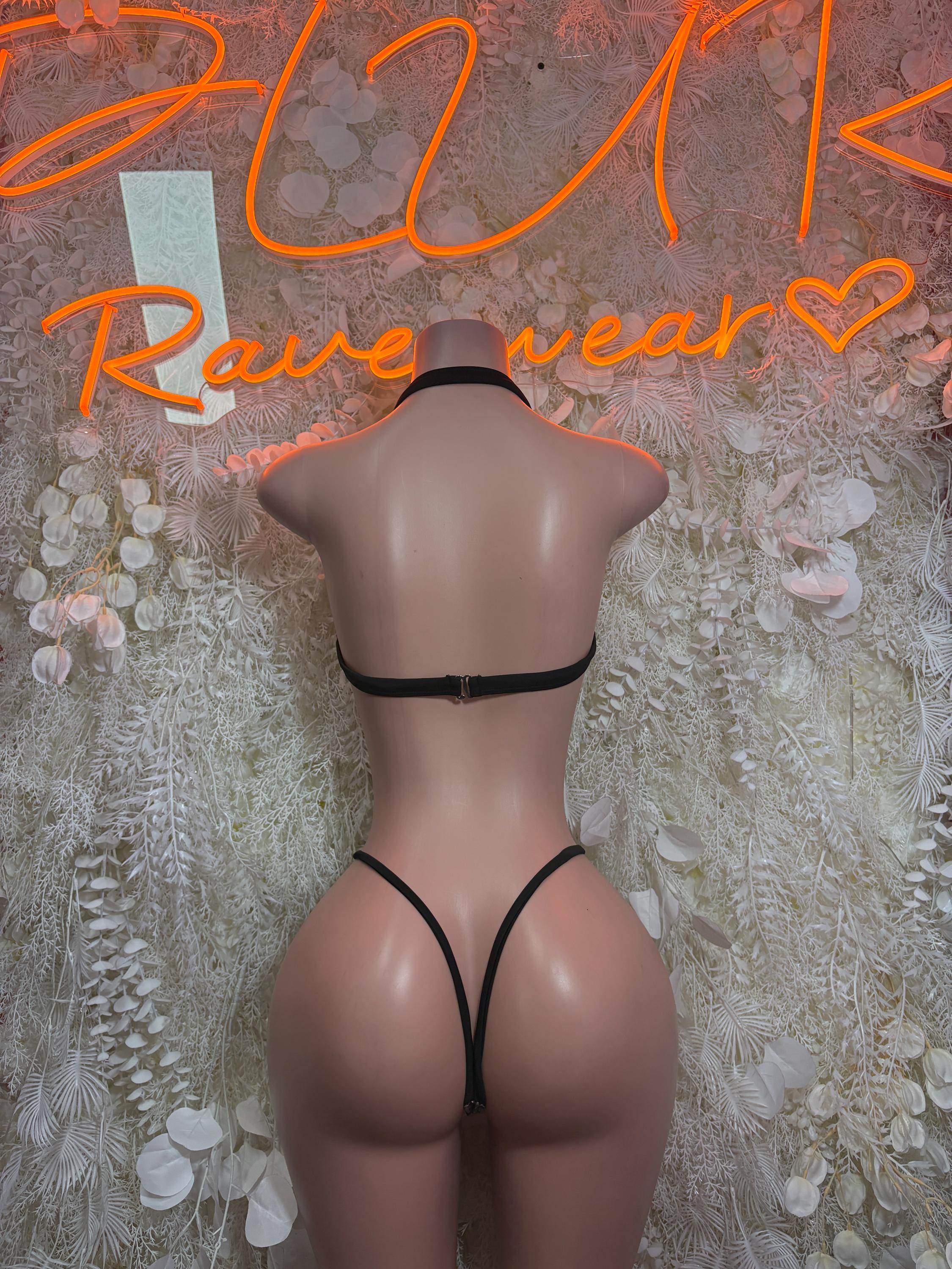 Snake-print metallic holographic bikini with high-cut thong bottoms, back view