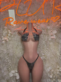Snake-print metallic holographic bikini with high-cut thong bottoms, front view