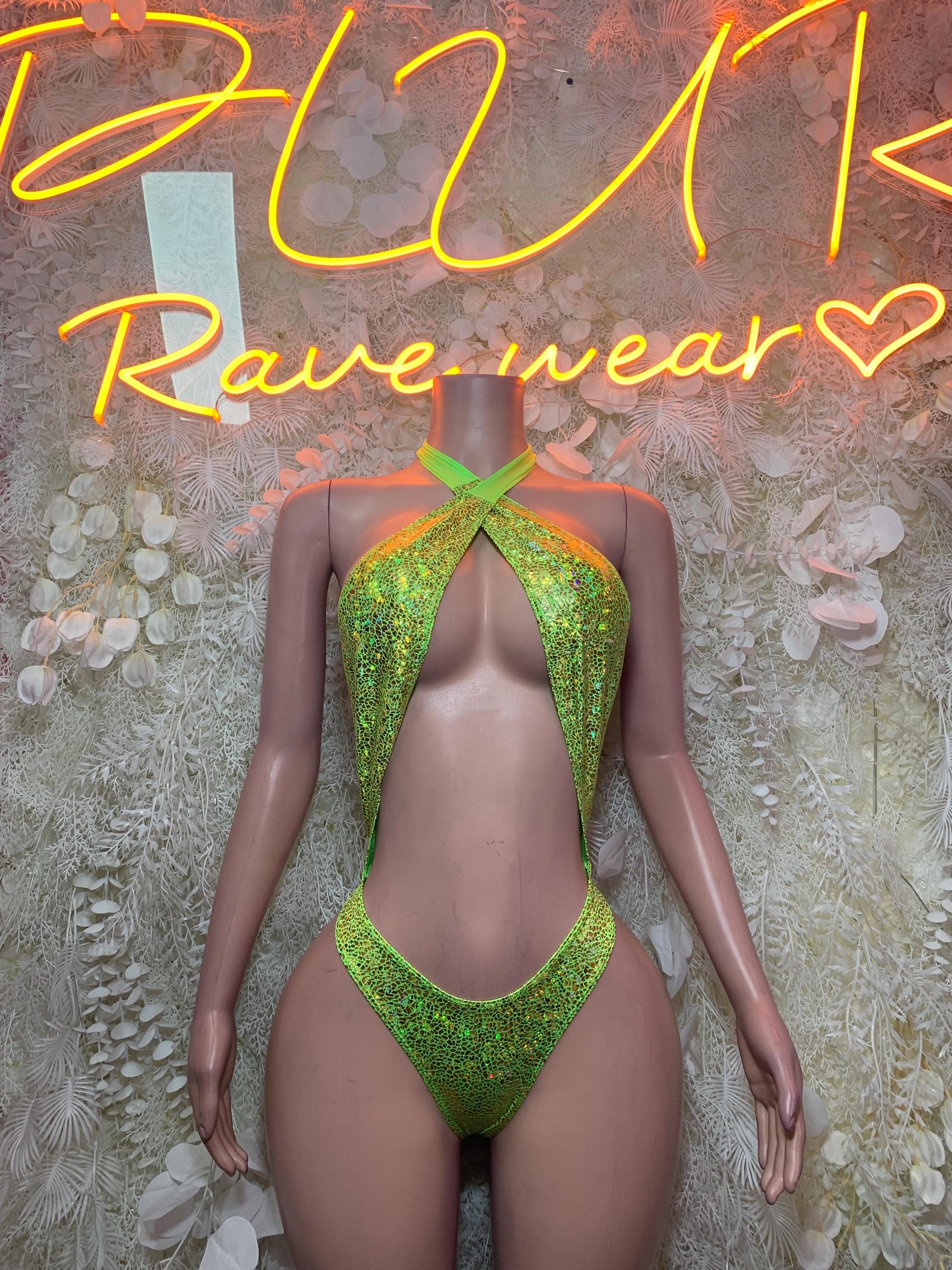 Neon green holographic sequin halter thong bodysuit, high-cut front opening