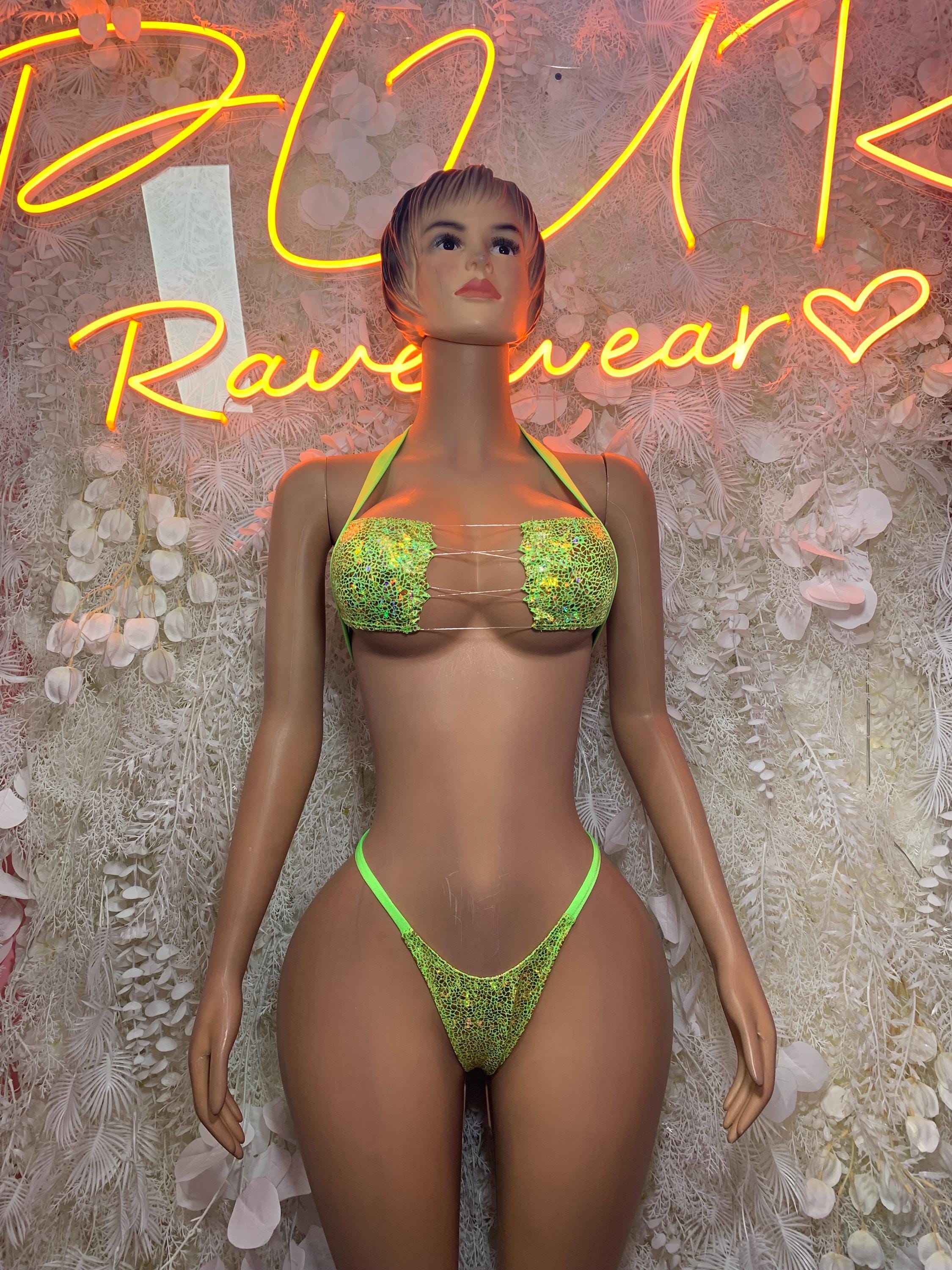 Neon lime green holographic sequin bikini top and thong bottom, front view