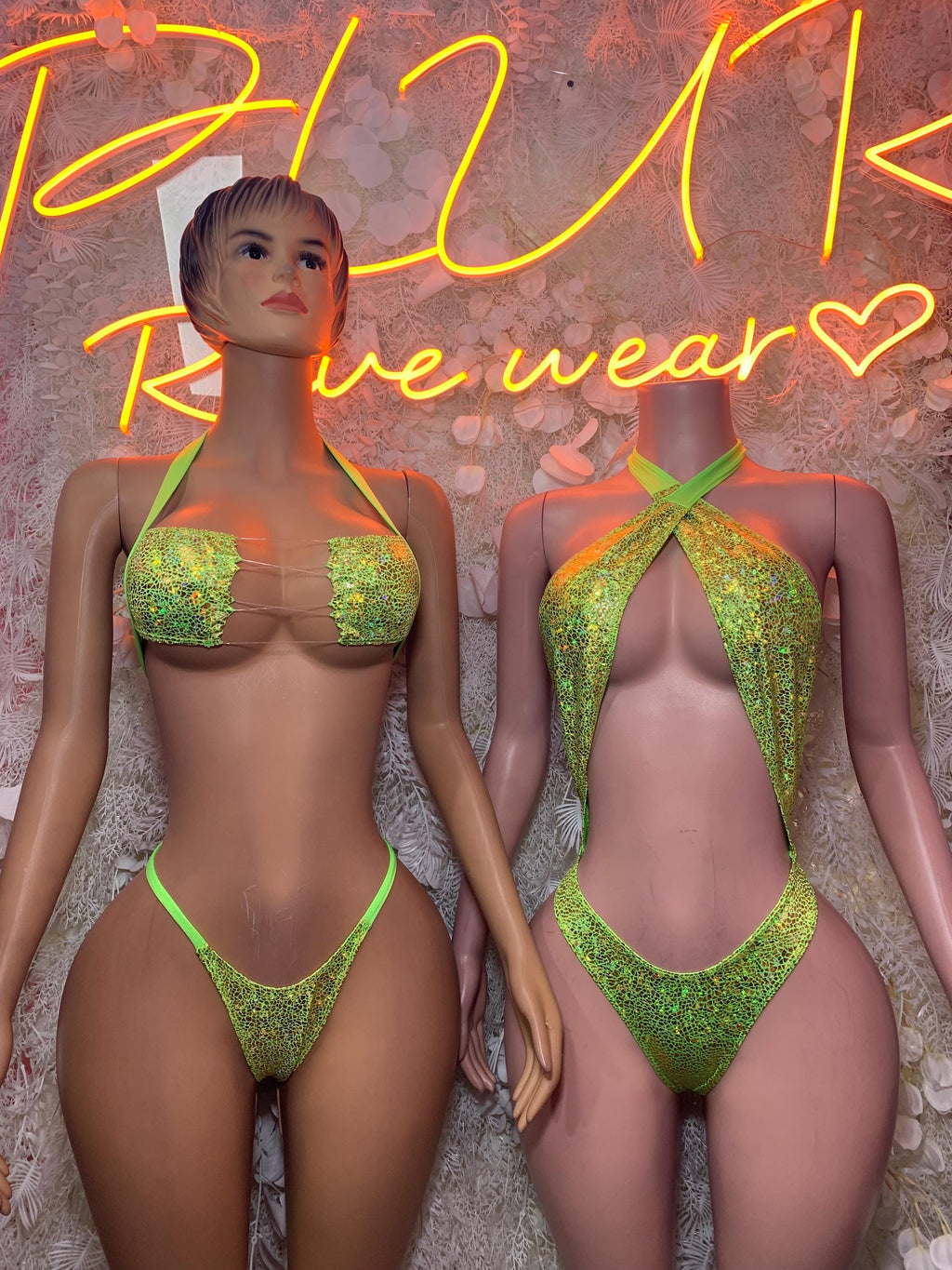Neon lime green holographic sequin bikini set on two models, front and back