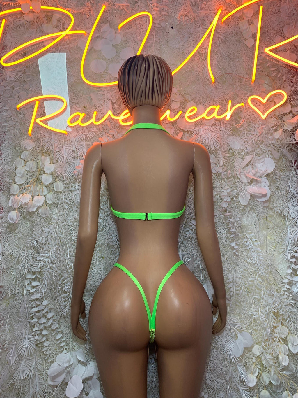 Neon lime green holographic sequin bikini top and thong bottom, back view