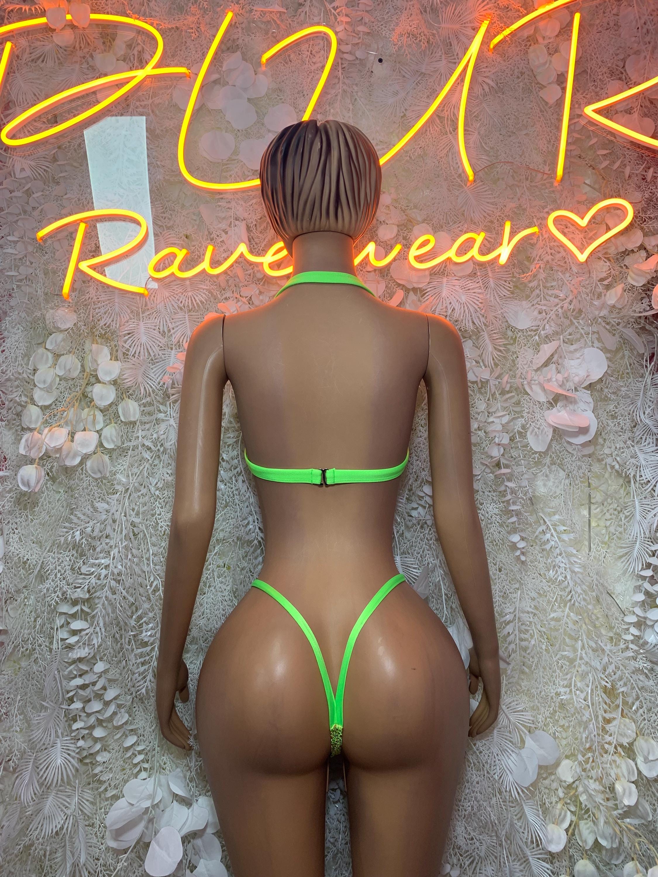 Neon lime green holographic sequin bikini top and thong bottom, back view