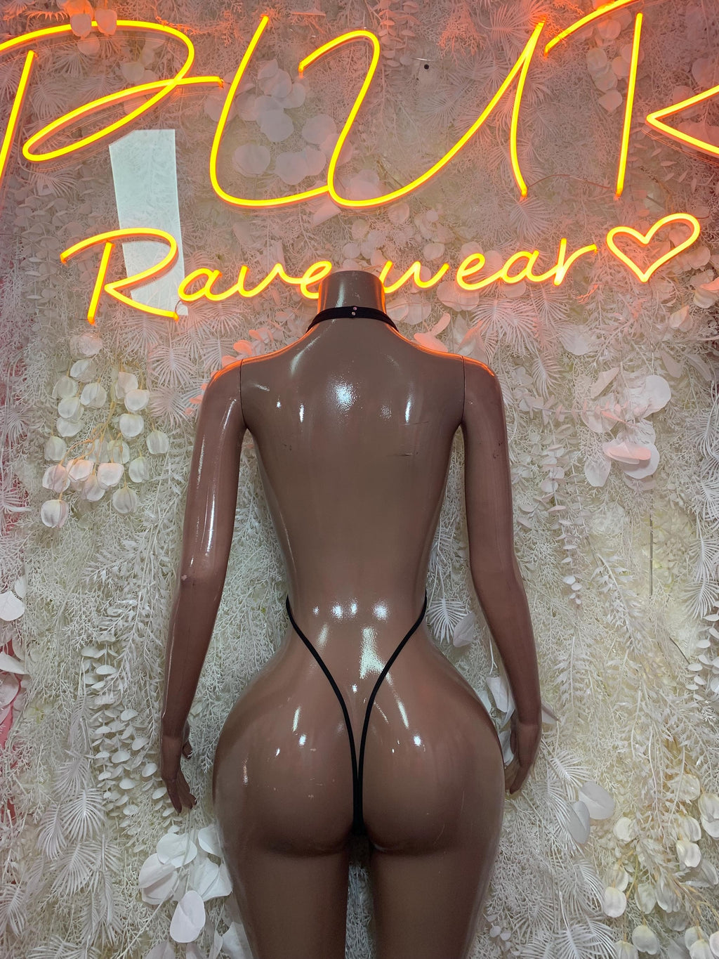 Black rhinestone halter thong bodysuit, crisscross back strap and high-cut back