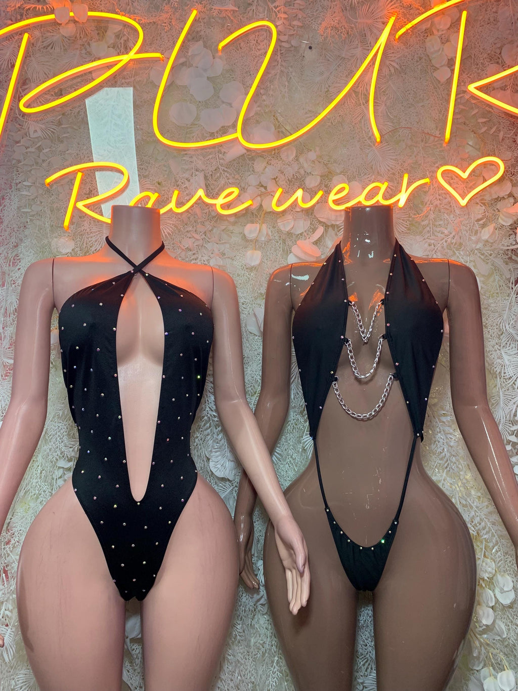 Black rhinestone halter thong bodysuit with front keyhole cutout and high-cut legs