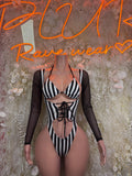 Sports referee bodysuit with black sheer sleeves, striped cups, front lace-up
