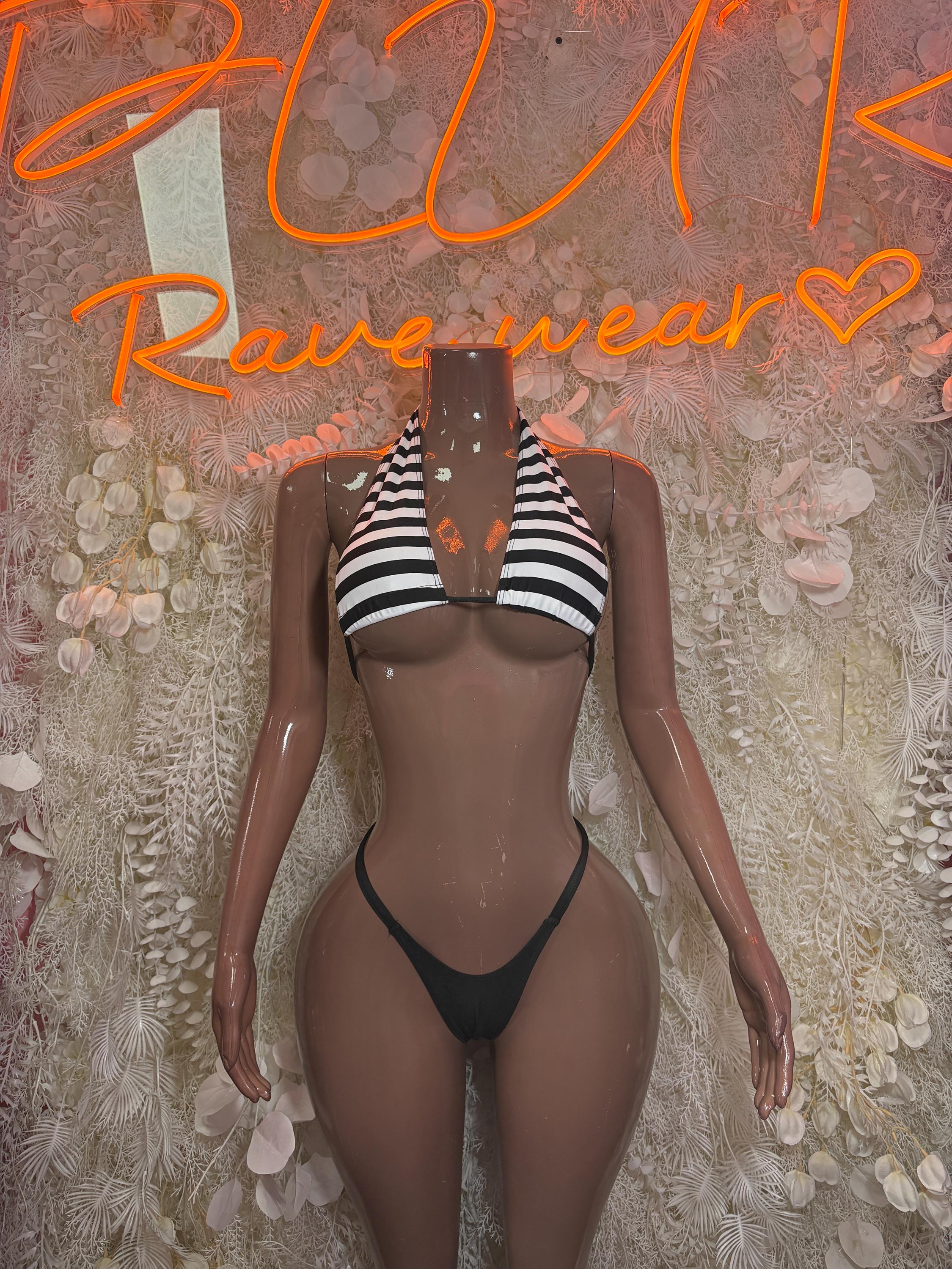 Referee-style bikini costume with striped halter top and black thong-style bottom