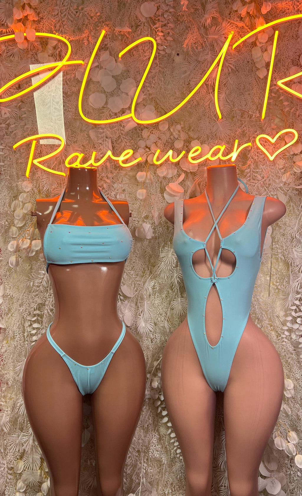 Light blue bikini set with bandeau top and high-cut thong, front and back views