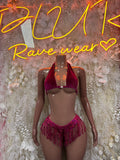 Burgundy velvet halter bikini set with sequin fringe bottoms