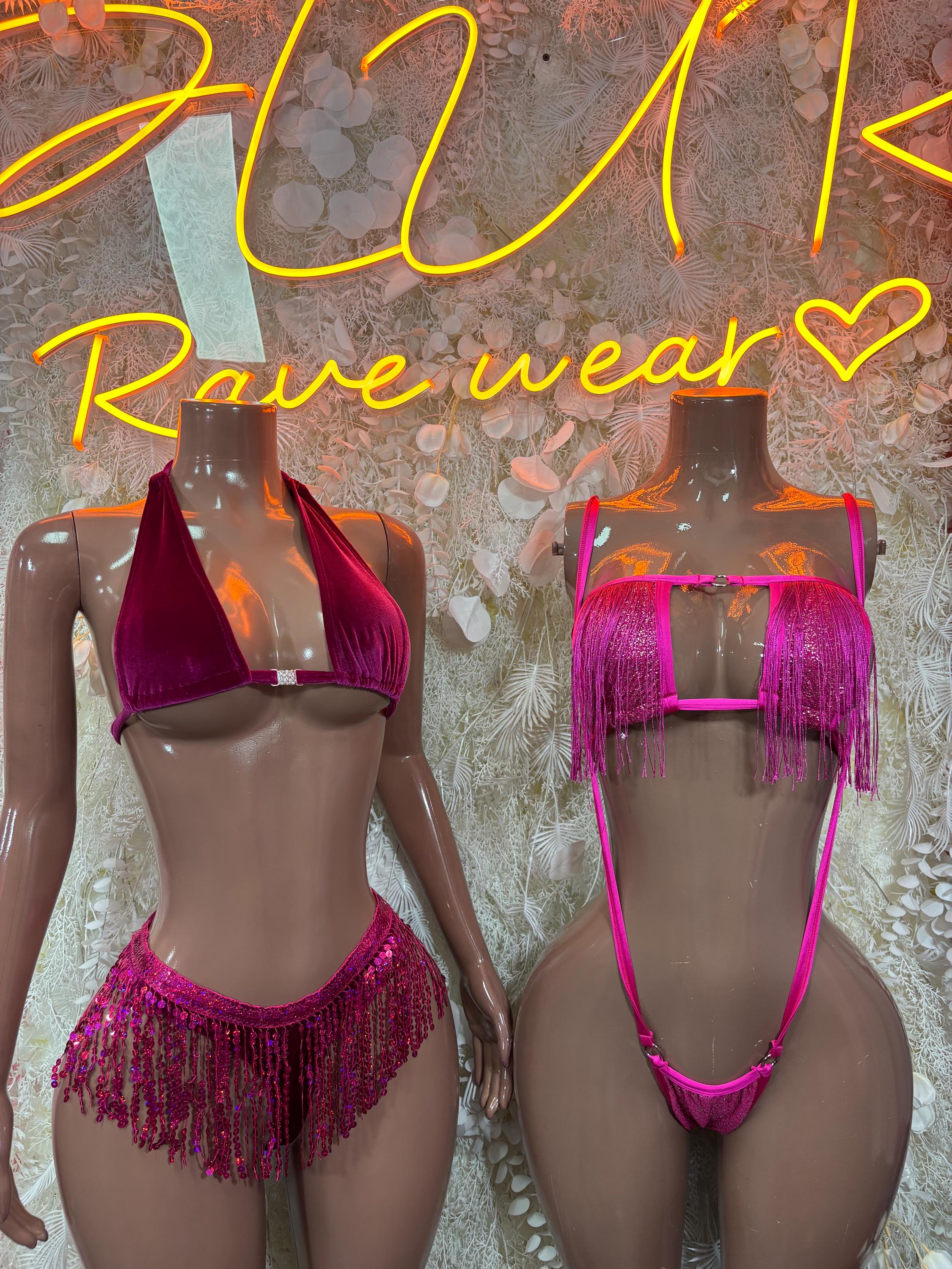 Burgundy Velvet Halter Bikini Set with Sequin Fringe Bottoms – Rave Dancewear Two Piece Outfit
