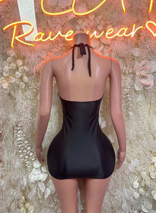 Black halter mini dress, open back with tied halter straps