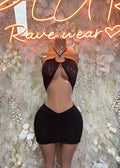 Black lace halter crop top and ruched mini skirt with front cutout