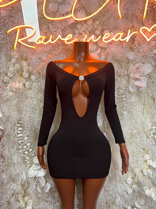 Black off-shoulder long sleeve mini dress with keyhole bust detail