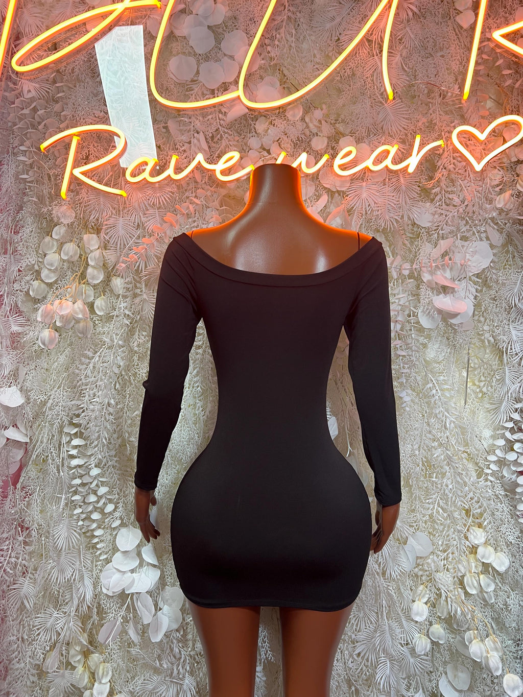 Black long sleeve bodycon mini dress with scoop neckline