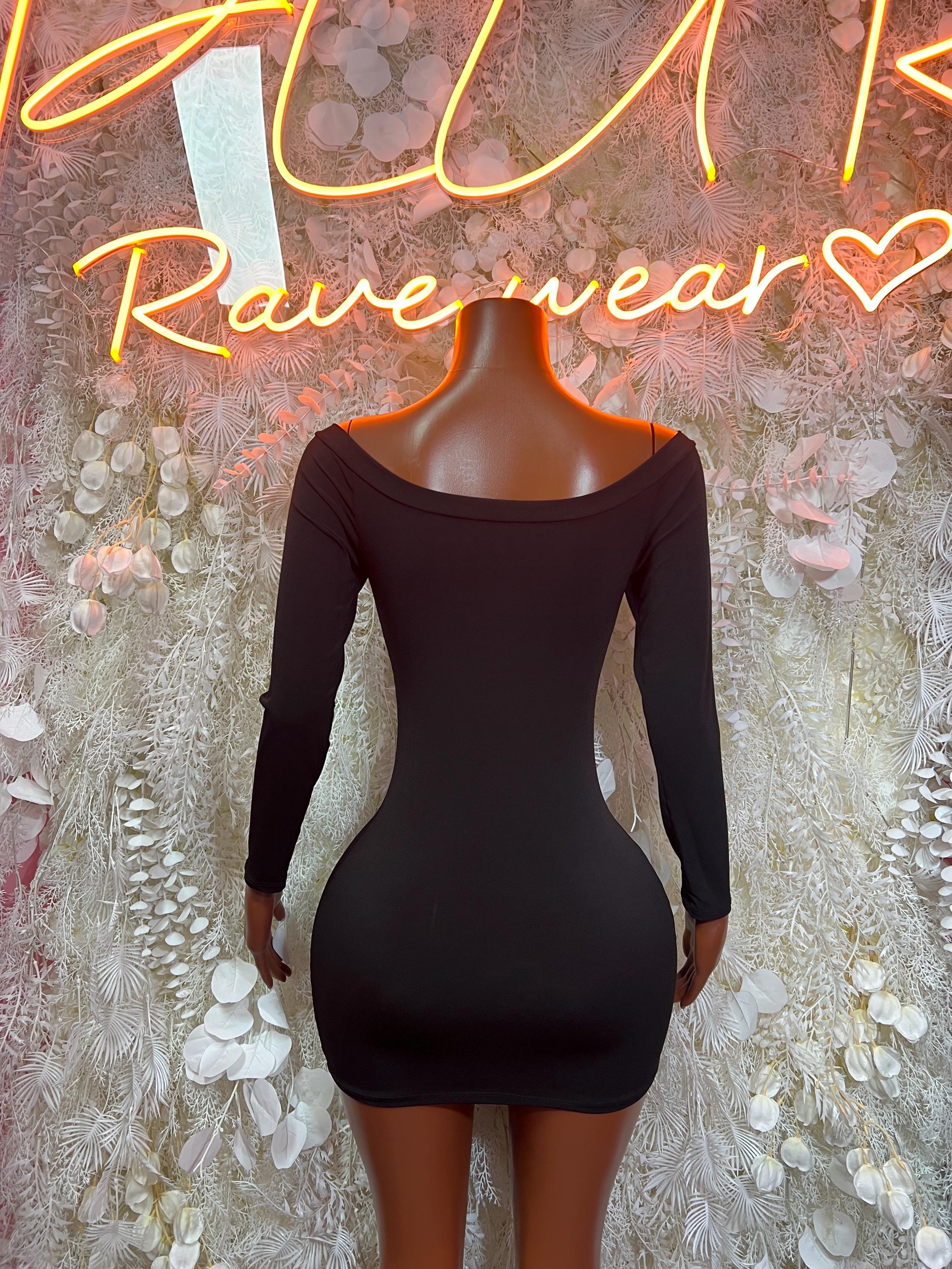 Black long sleeve bodycon mini dress with scoop neckline