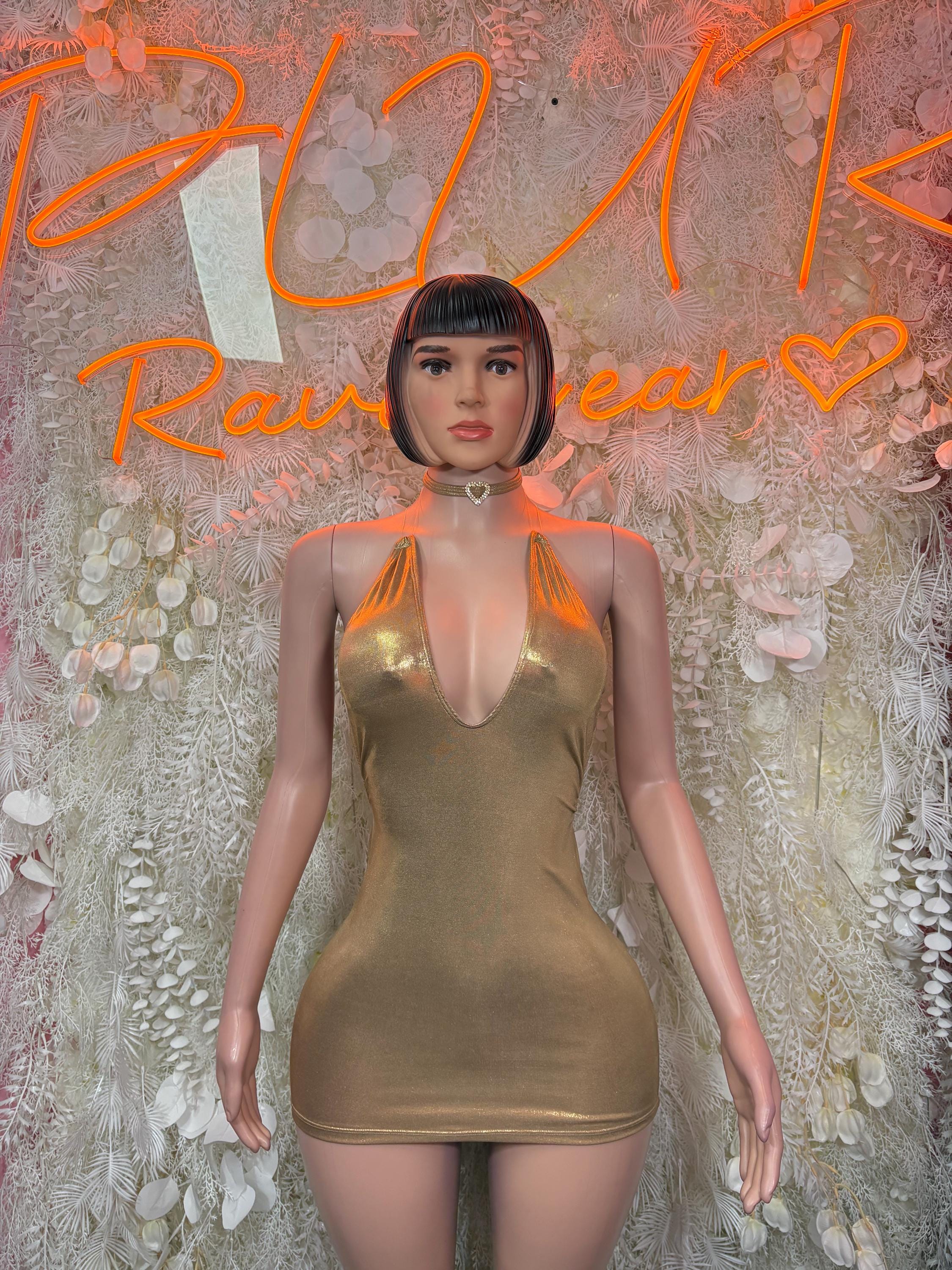 Metallic gold mini dress with halter neckline and choker-style collar, sleeveless