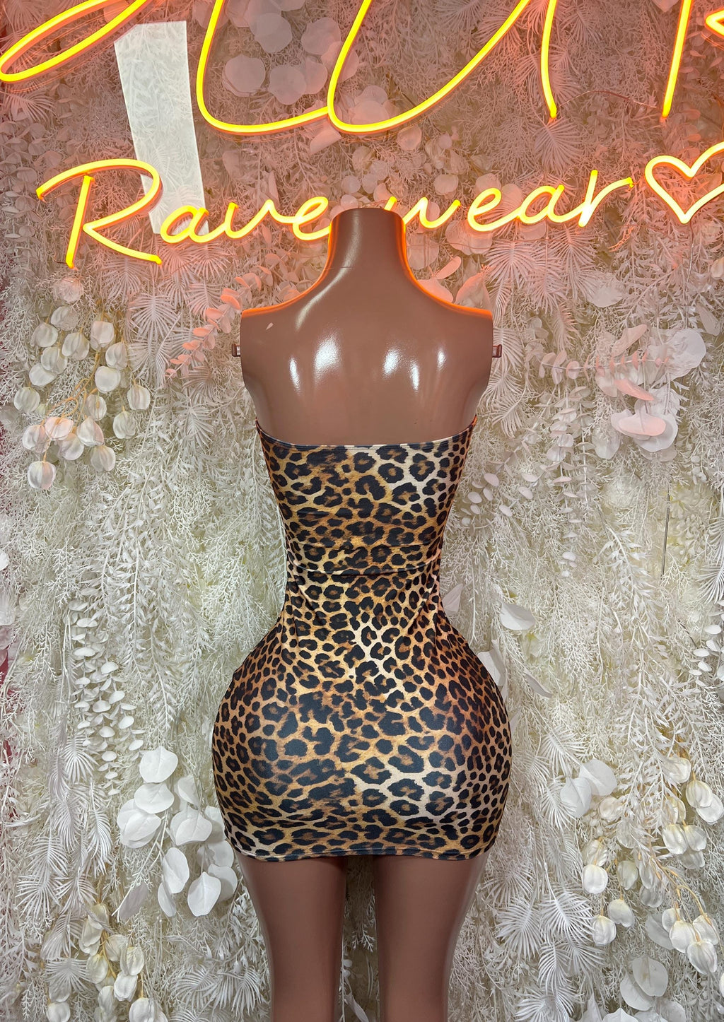Leopard print one-piece mini dress with square neckline, fitted bodycon