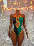 Jamaica flag bodysuit with green side panels, yellow trim, and oval chest cutout