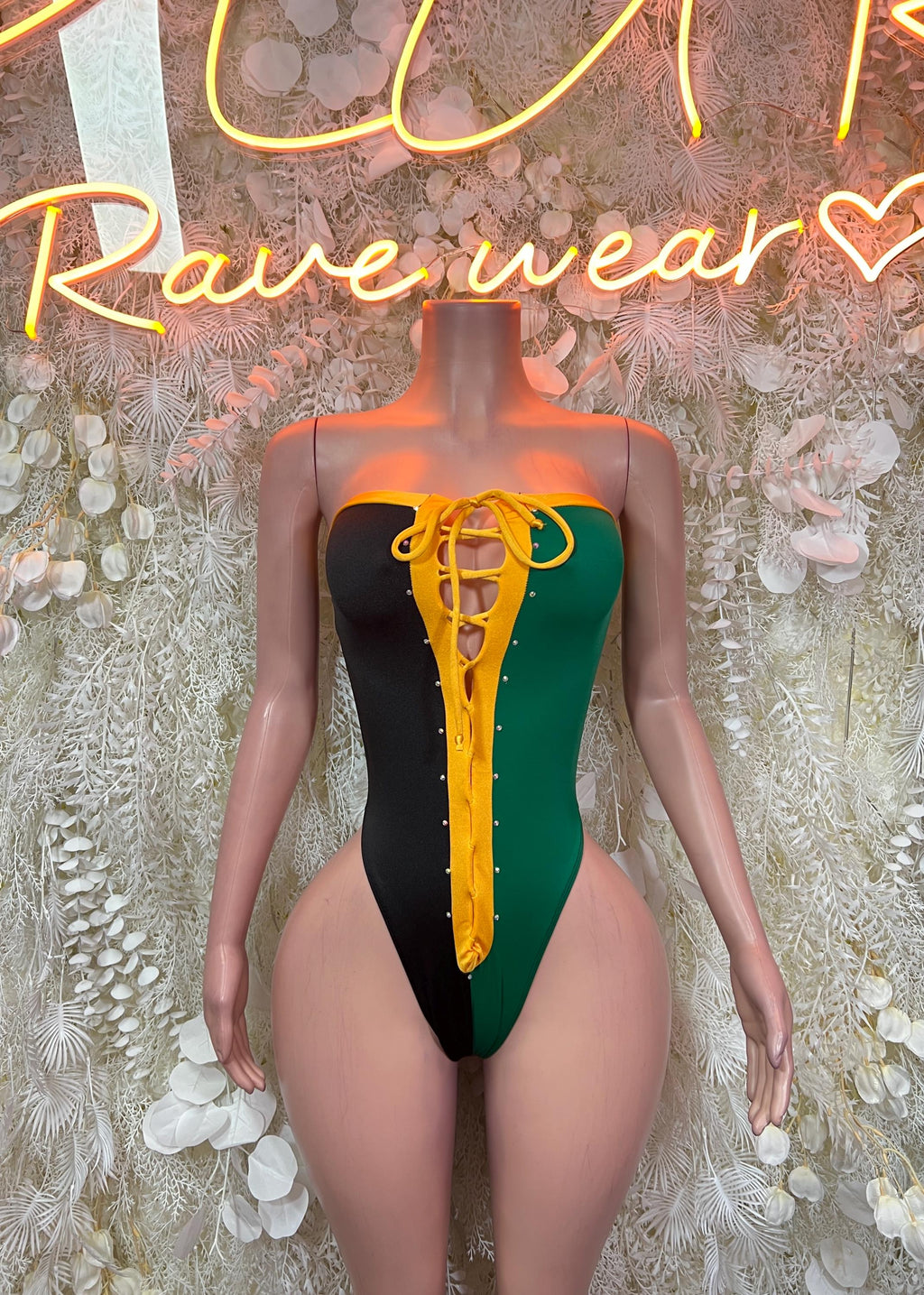 Jamaica flag lace-up bodysuit, yellow laced front with green and black sides