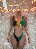 Two-piece Jamaica flag rave bodysuit with green/black/yellow front lace-tie cutouts