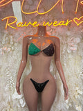 Jamaican flag-style two-piece bikini with green and black triangle top and black rhinestone bottoms