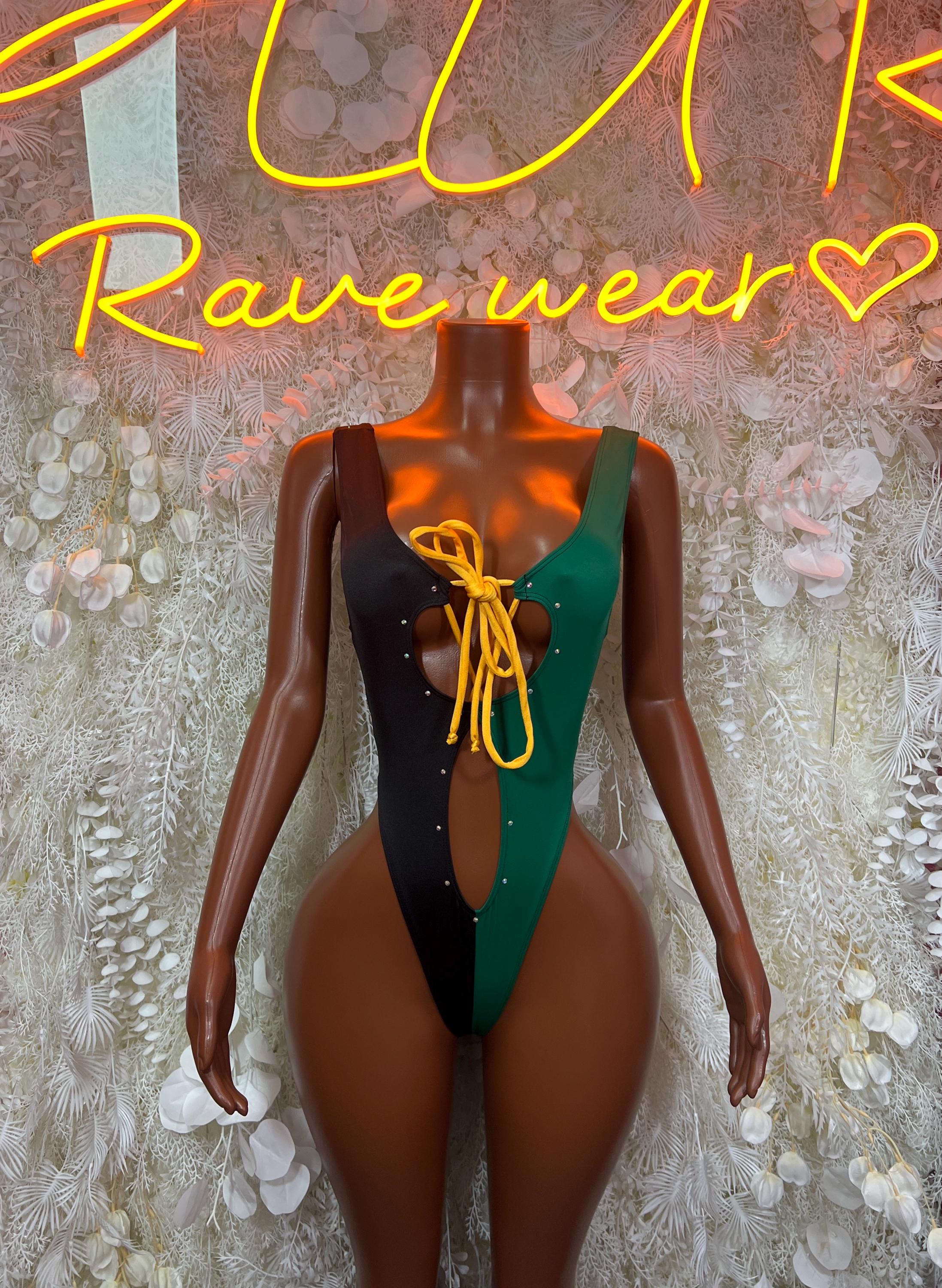 Jamaican flag bodysuit in black and green with yellow lace-up front, deep V one-piece