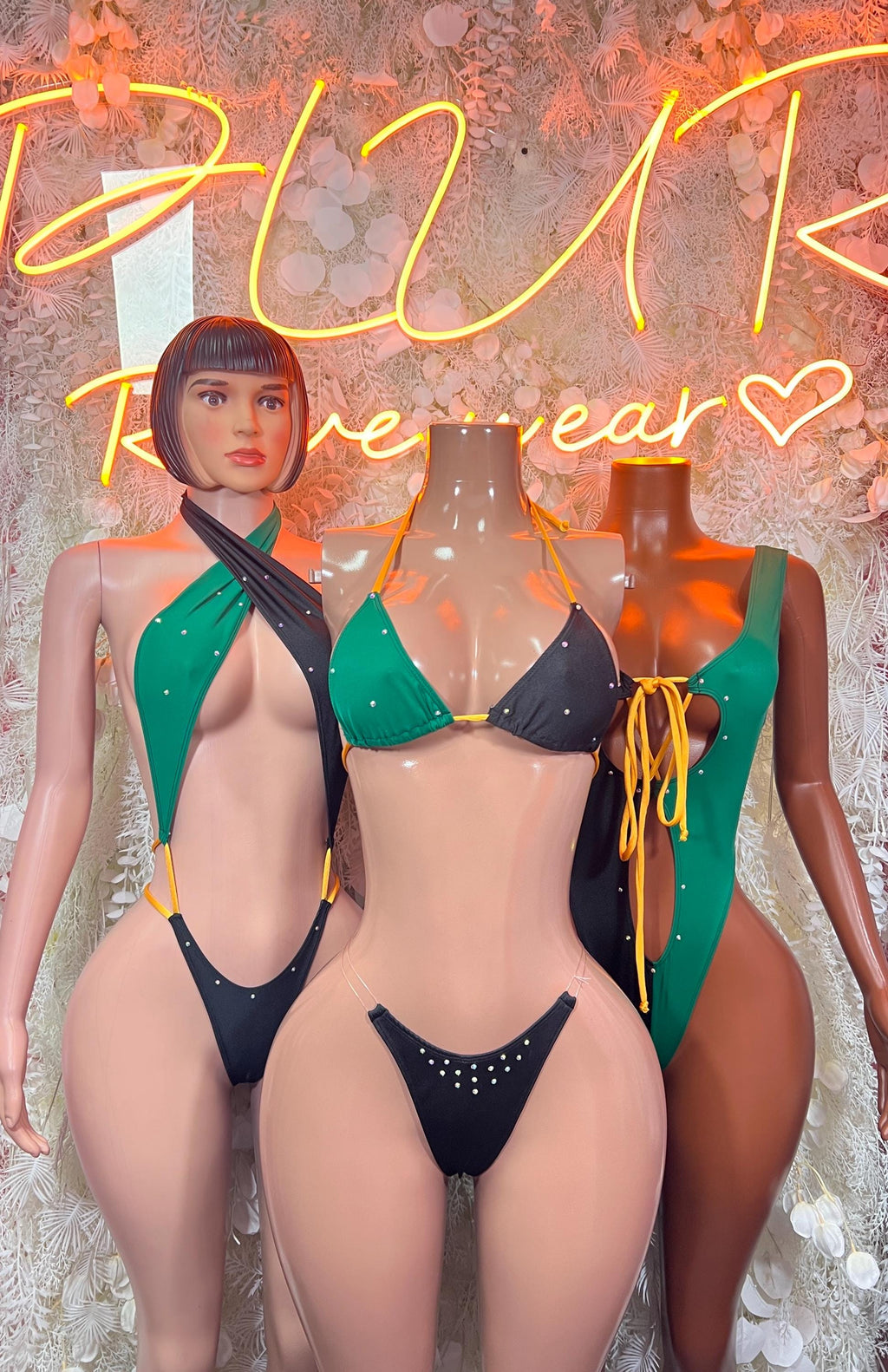 Jamaican flag rave bodysuit, halter one-piece with green, gold and black details