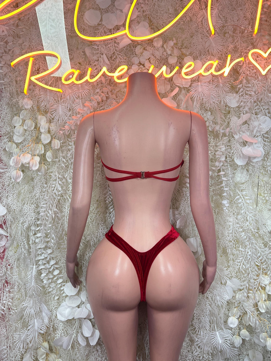 Red velvet two-piece bikini set, back view with thin cross straps and high-cut bottoms