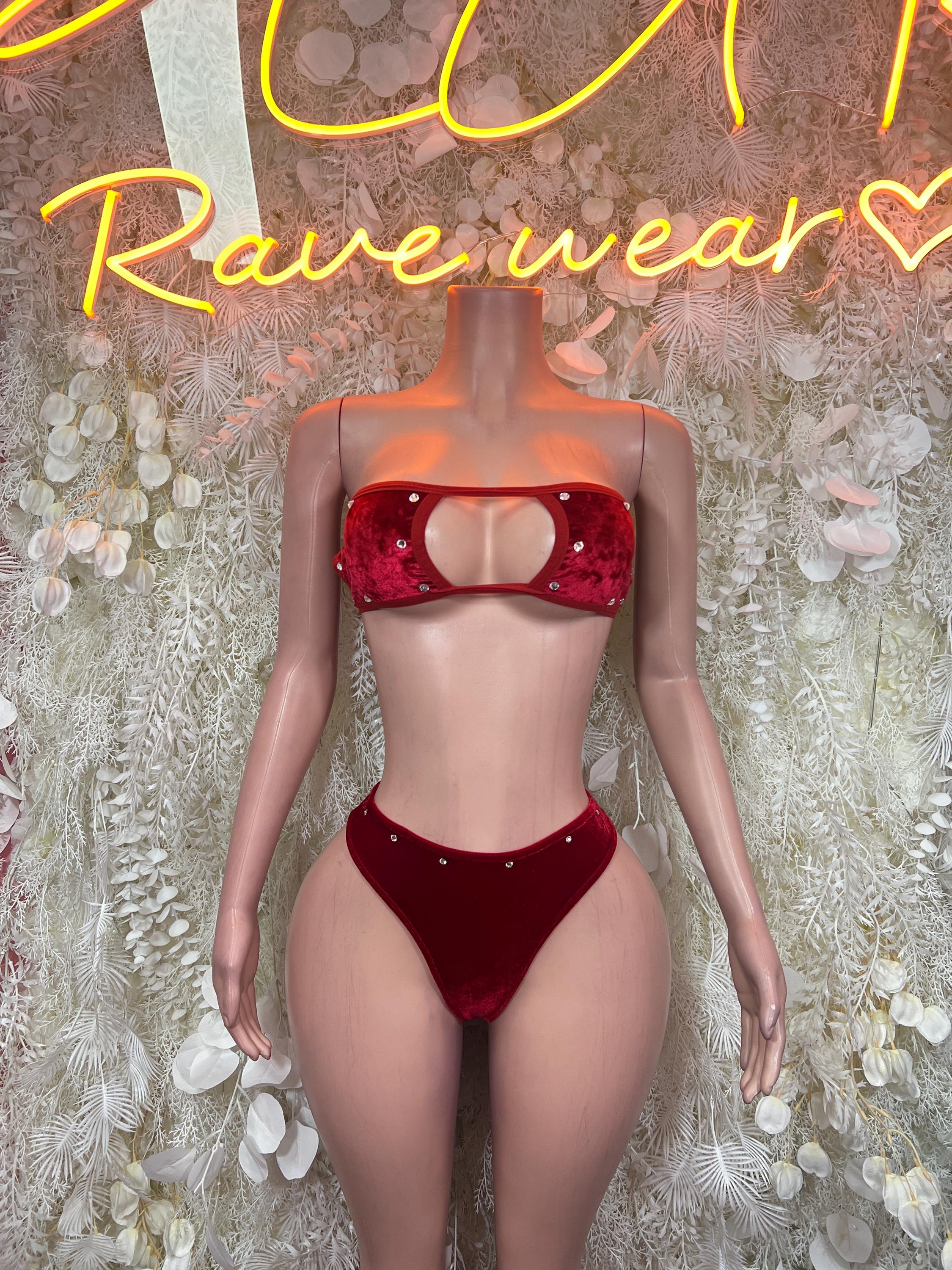 Red velvet two-piece bikini set with strapless top and high-cut bottoms, rhinestone accents