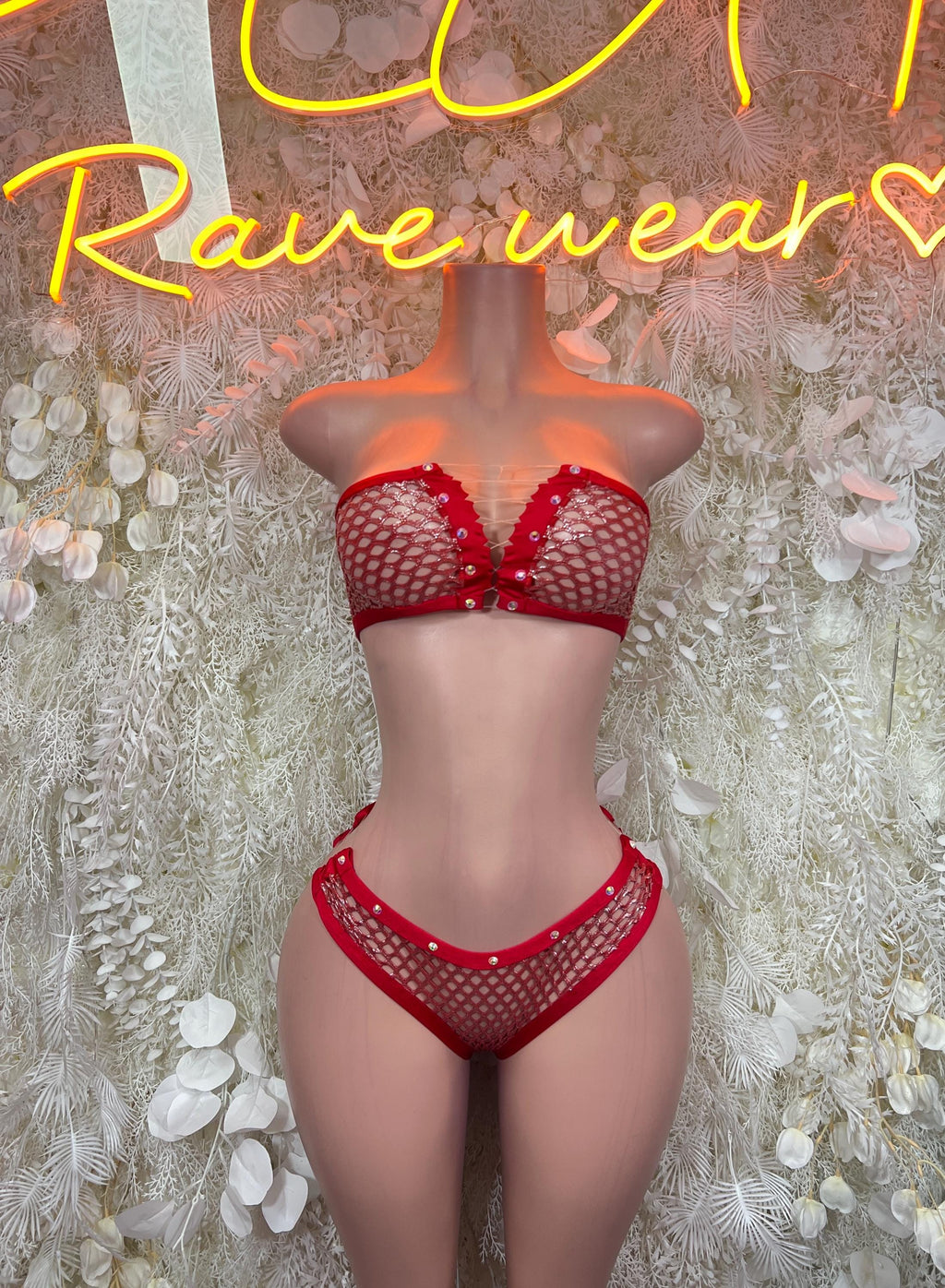 Red mesh two-piece bikini set with sweetheart bra and high-cut bottoms