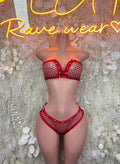 Red mesh two-piece bikini set with sweetheart bra and high-cut bottoms
